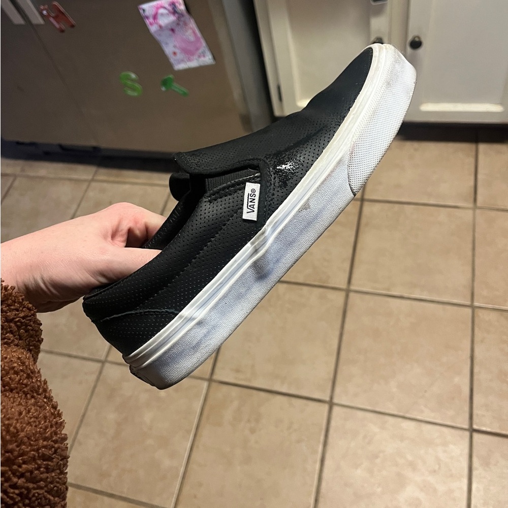 Vans Black Leather Slip-Ons! 9!